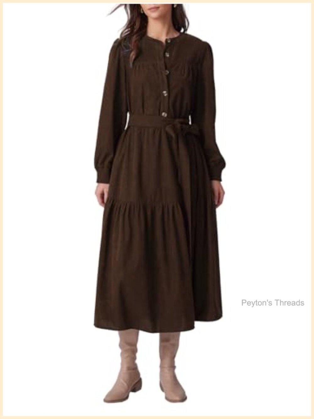 Corduroy Midi Dress for Women Long Sleeve Button Down Shift Dress with Waist